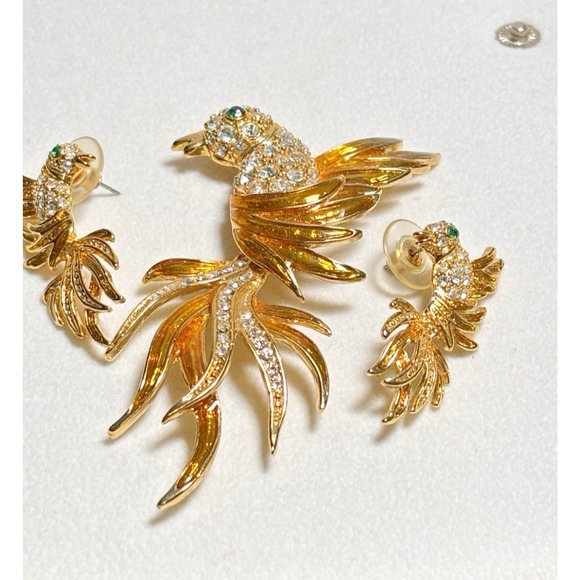 Vtg Set 3, Bird of Paradise Lg 3" Enamel Rhinestone Chrystal Pin Brooch/Earrings - Picture 8 of 16